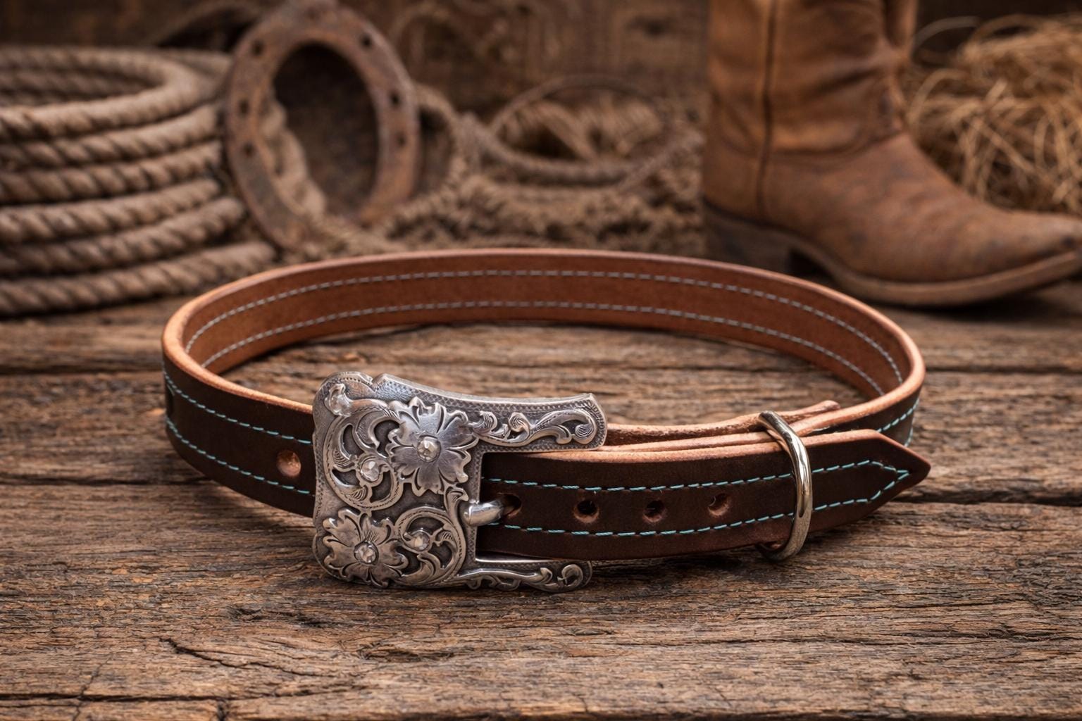 Handmade Leather Dog Collar – Teal Western Style Brown Leather Collar, Durable Cowboy Dog Collar, dog collar