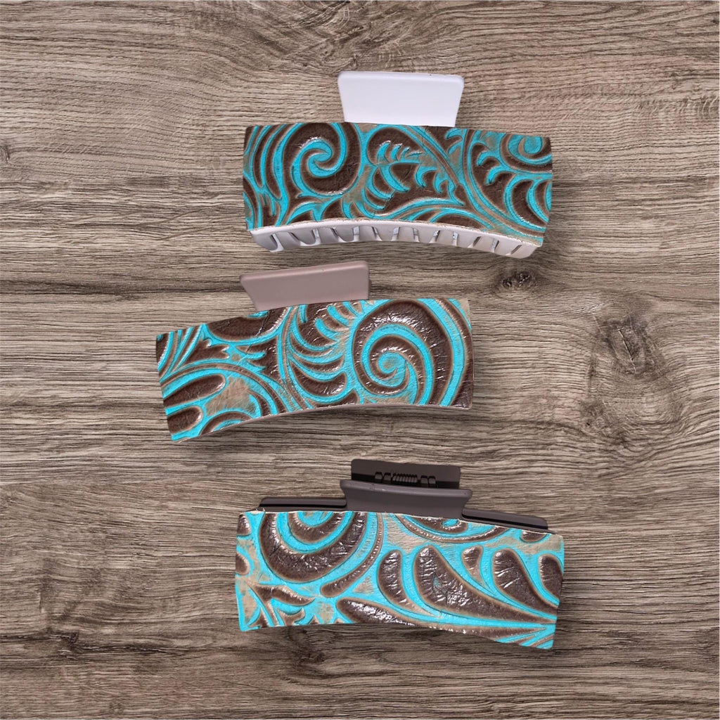Turquoise Tooled Leather Hair Claw Clip: Western Style