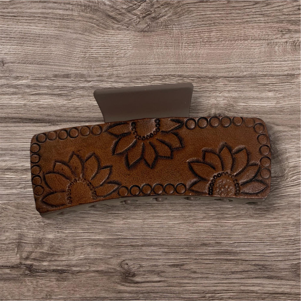 Leather sunflower tooled claw hair clip western clip