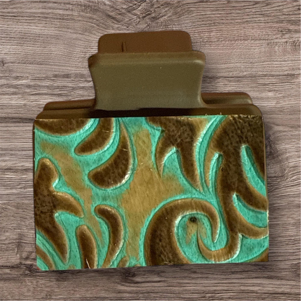 Leather claw hair clip western turquoise tooled