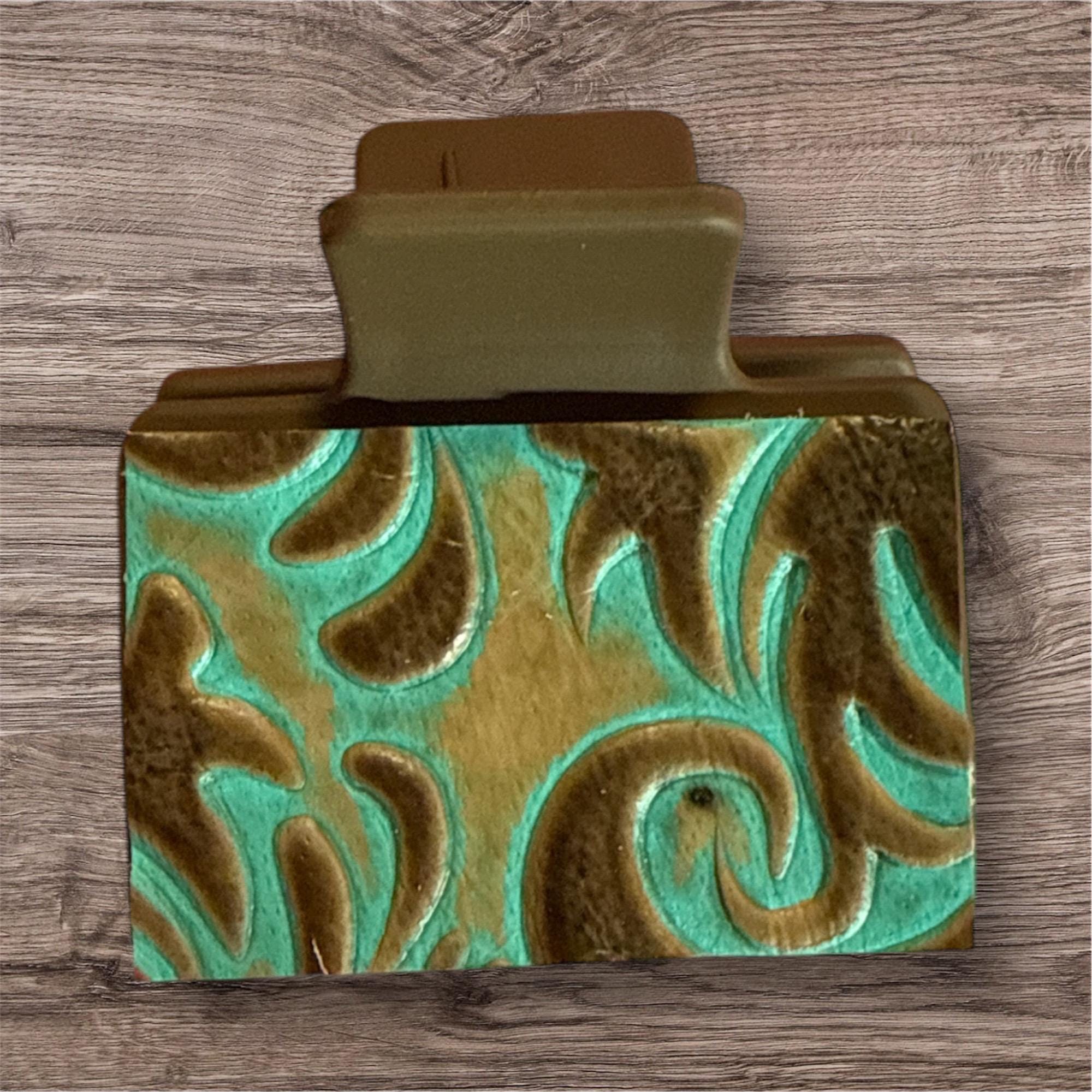 Leather claw hair clip western turquoise tooled