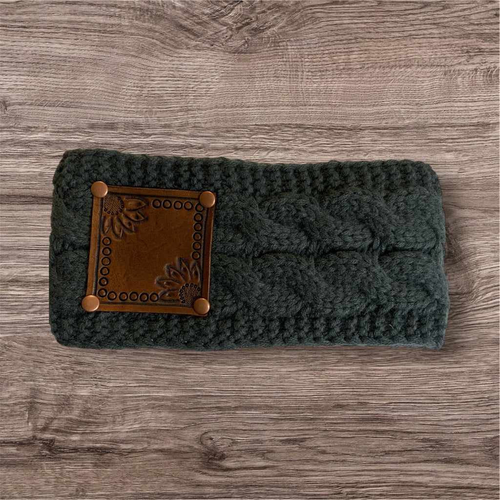 Sherpa lined winter headband Sunflower Tooled leather patch