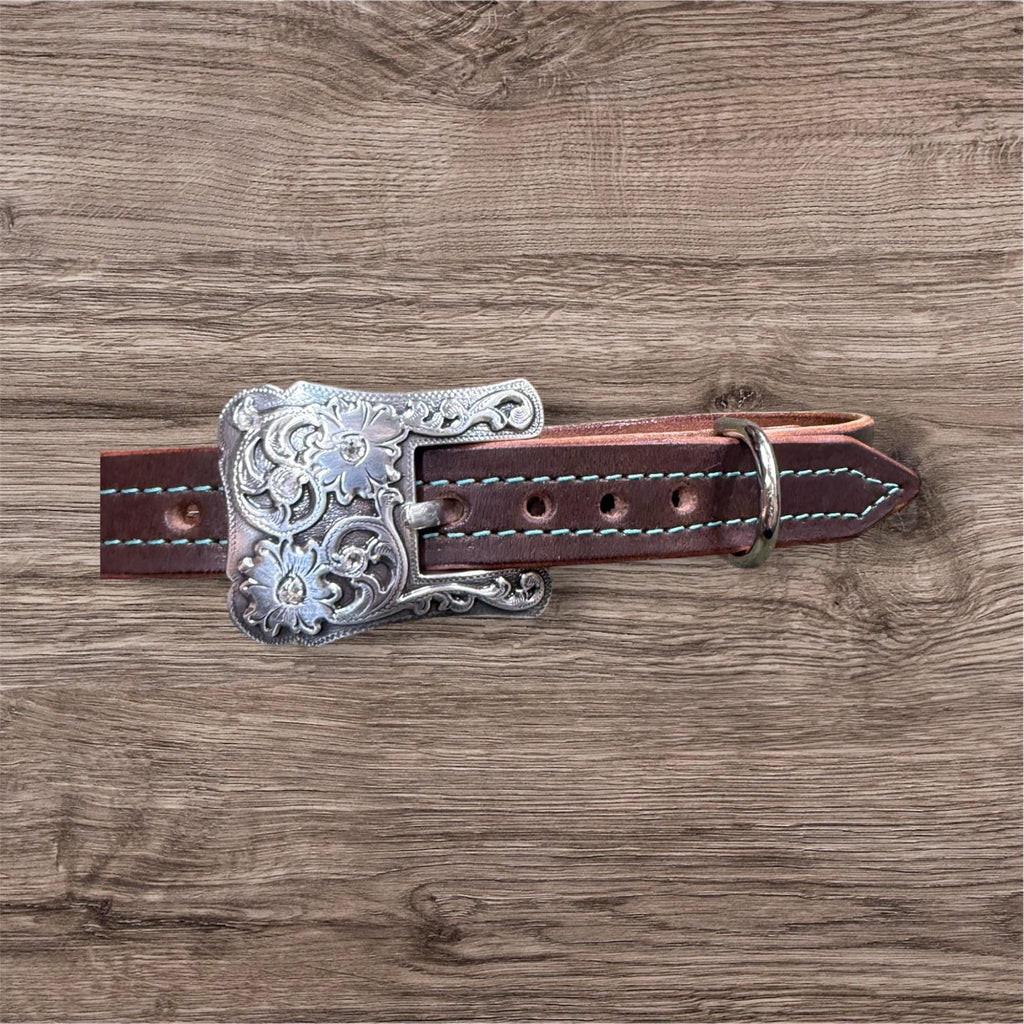 Handmade Leather Dog Collar – Teal Western Style Brown Leather Collar, Durable Cowboy Dog Collar, dog collar