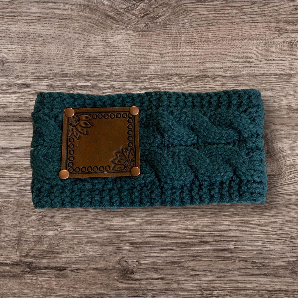 Sherpa lined winter headband Sunflower Tooled leather patch