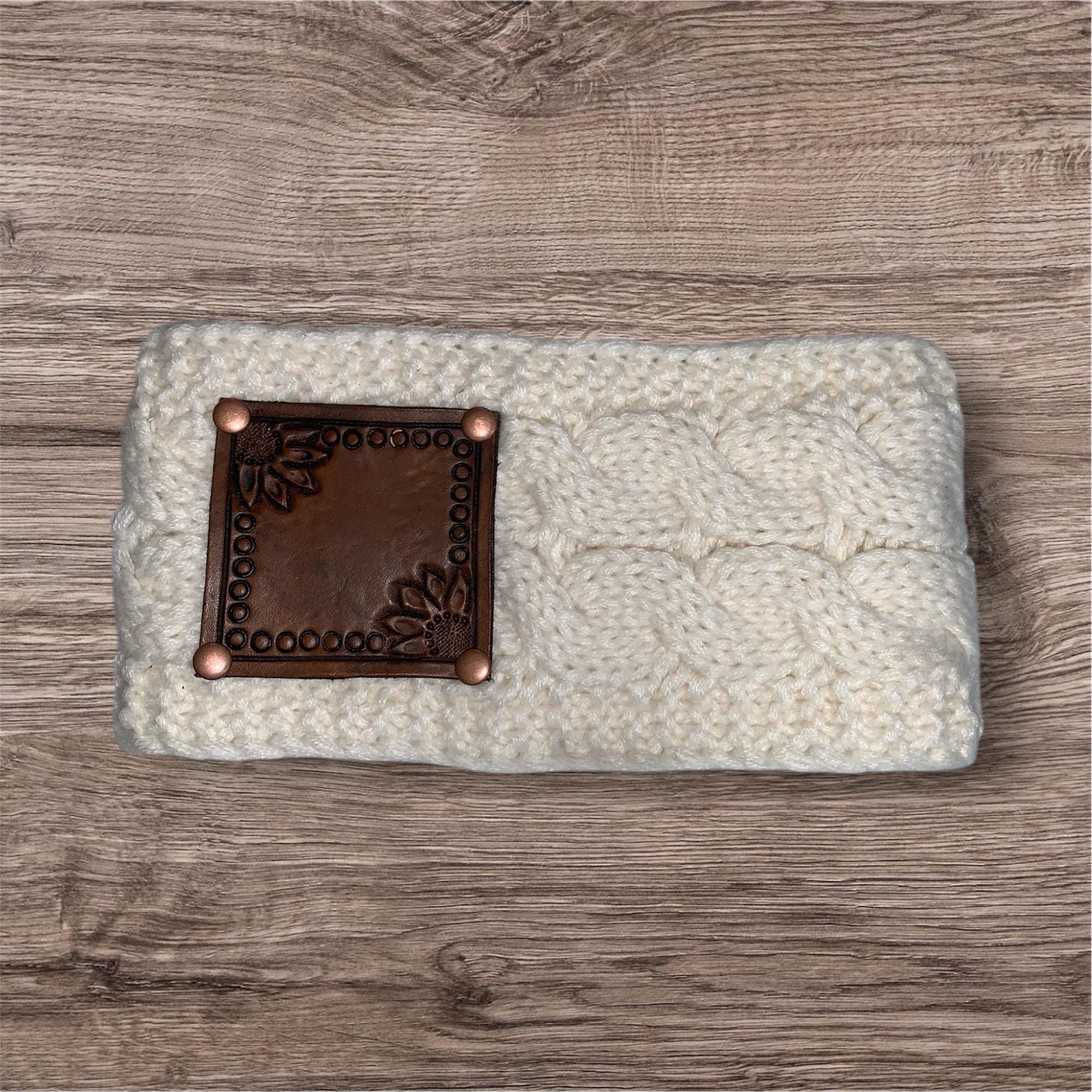 Sherpa lined winter headband Sunflower Tooled leather patch
