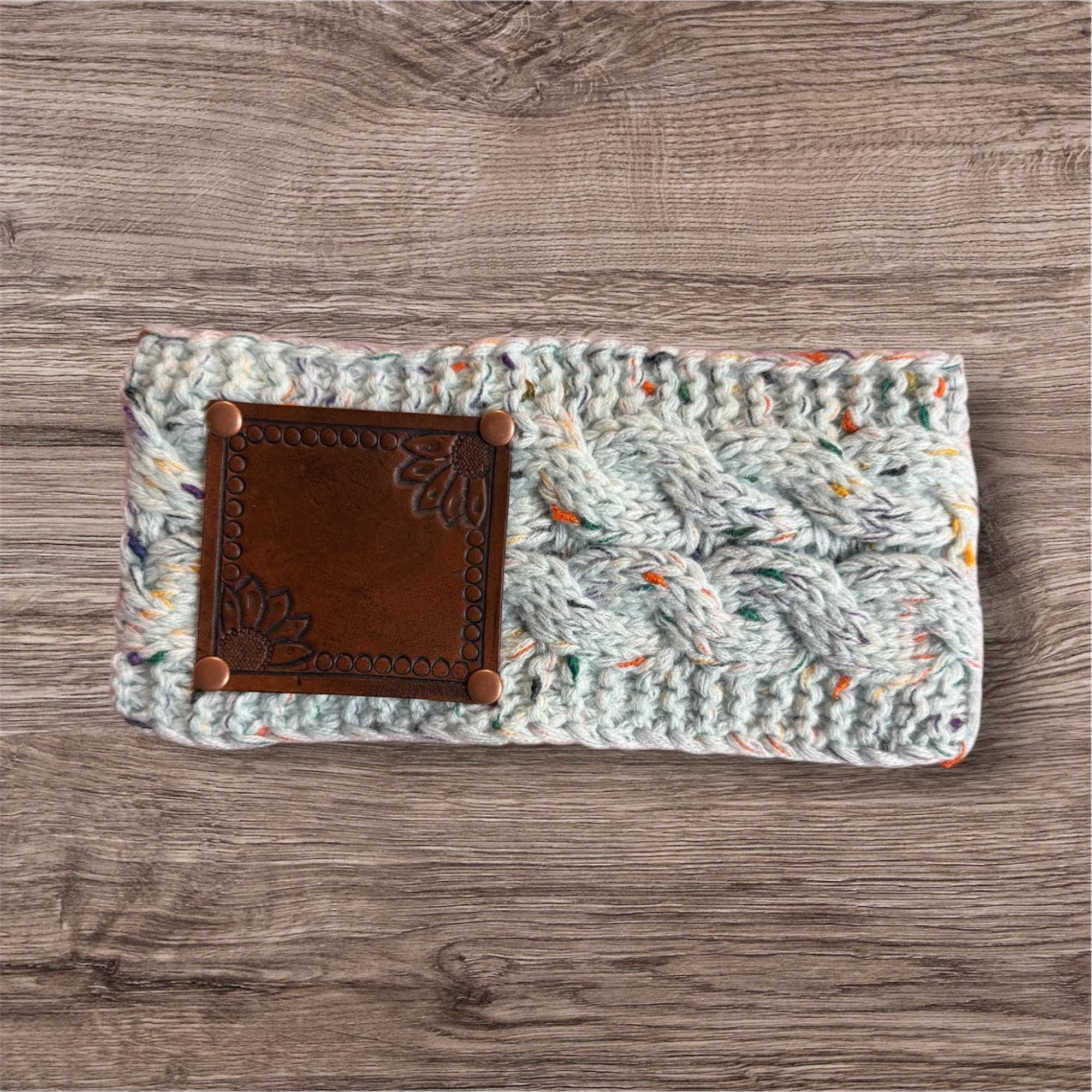 Sherpa lined winter headband Sunflower Tooled leather patch