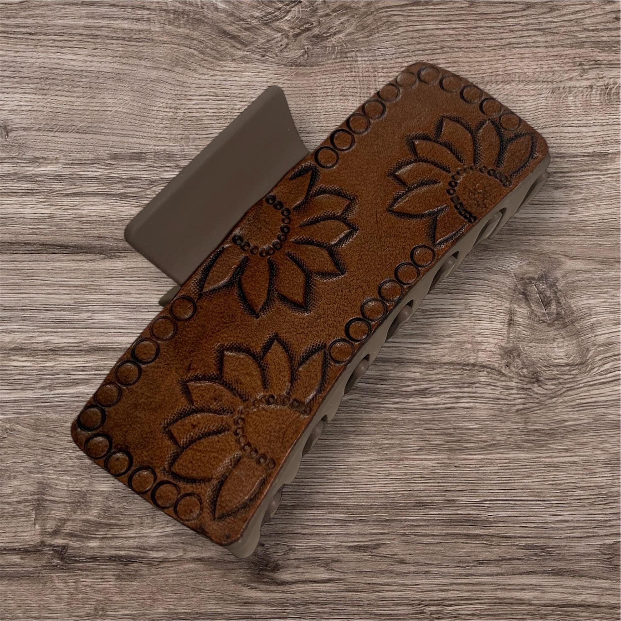 Leather sunflower tooled claw hair clip western clip