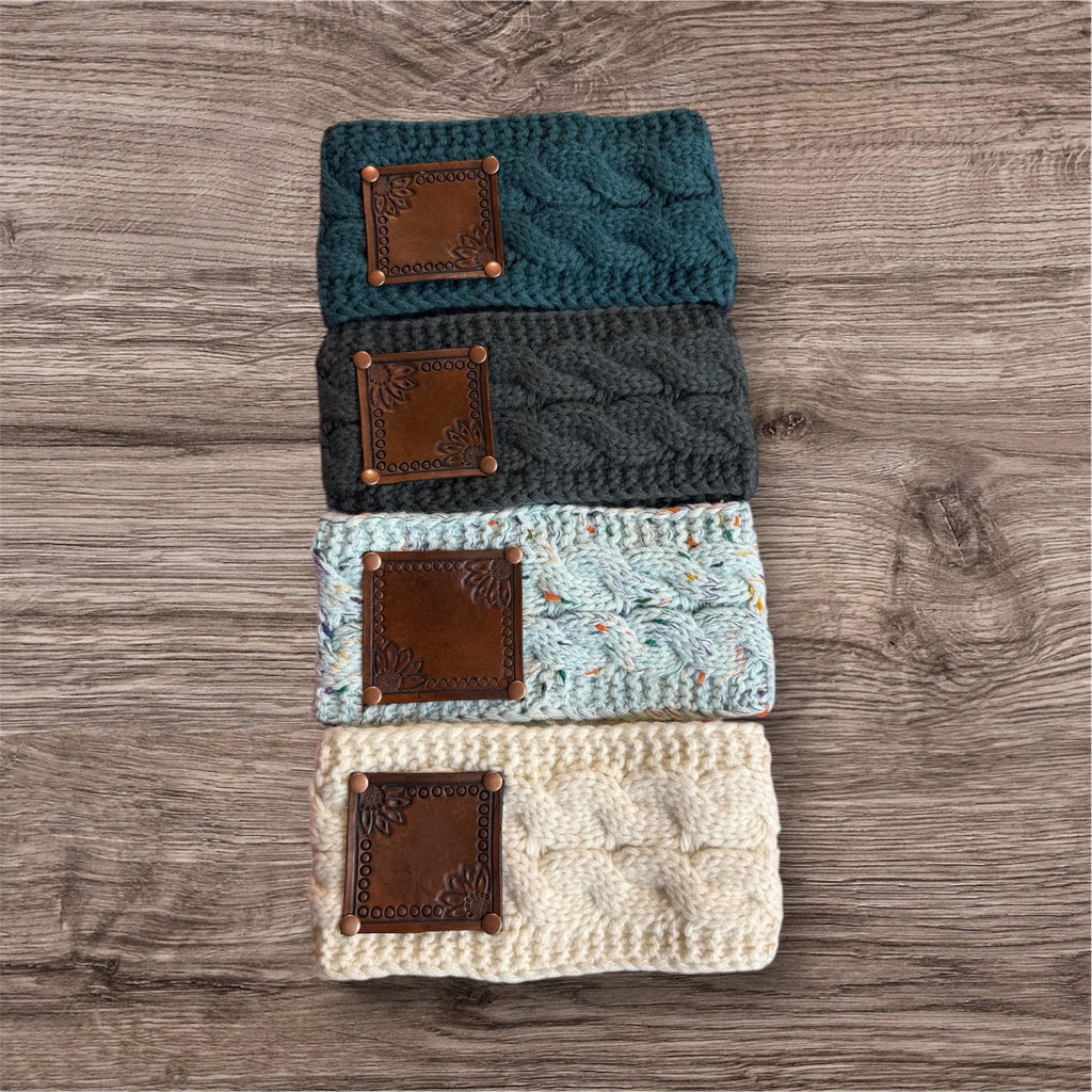 Sherpa lined winter headband Sunflower Tooled leather patch