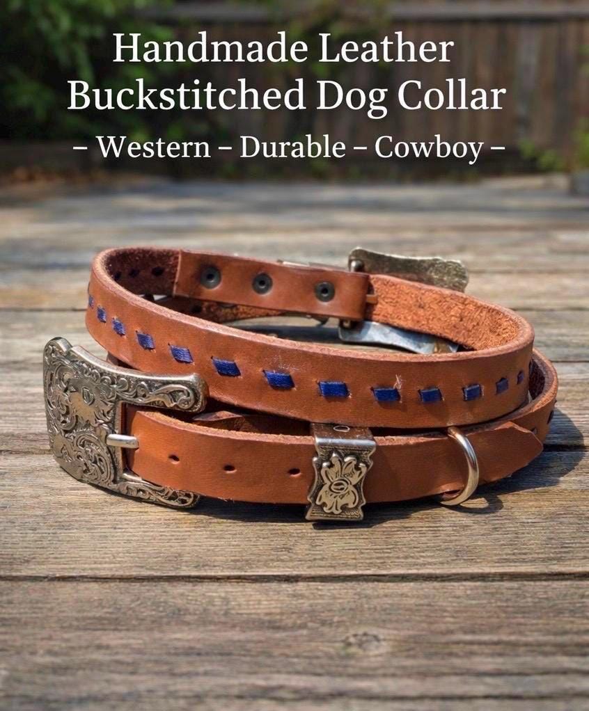 Handmade Leather Buckstitched Dog Collar – Western Style Brown Leather Collar, Durable Cowboy Dog Collar, dog collar