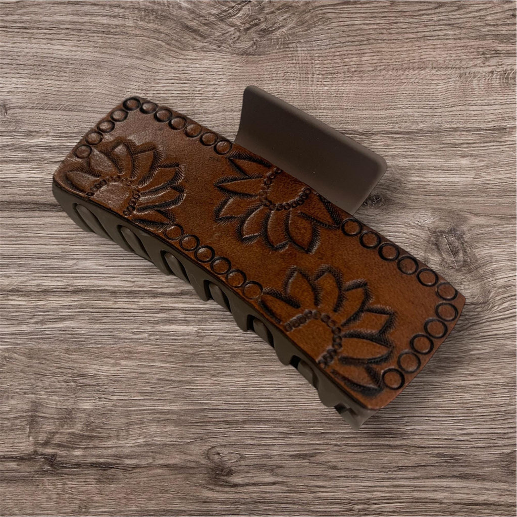 Leather sunflower tooled claw hair clip western clip